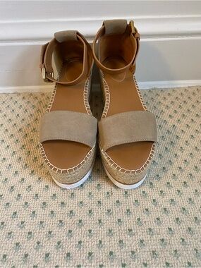 See By Chloe Beige/Tan Suede Espadrille Wedge with Ankle Strap - Worn Once